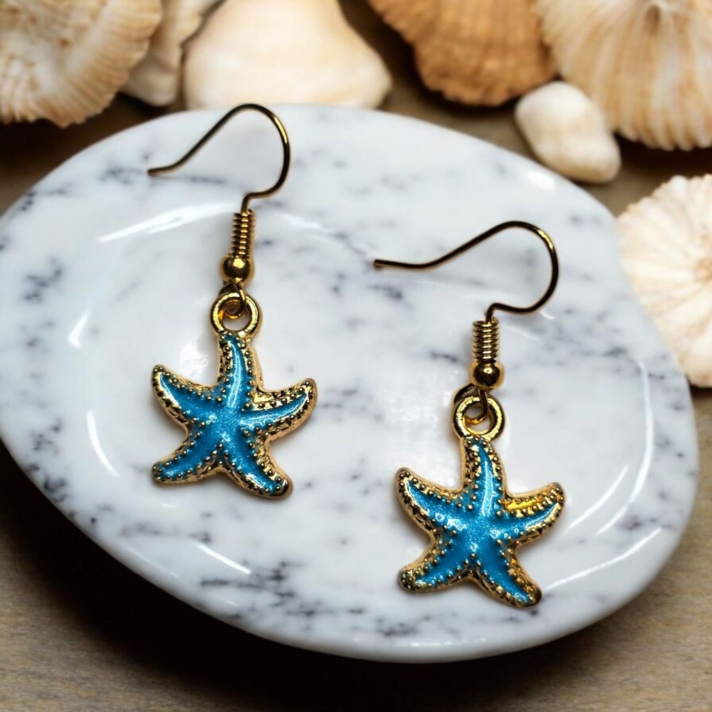 NEW Women's Starfish Summer Beach Gold and‎ Blue Fashion Jewelry Earrings